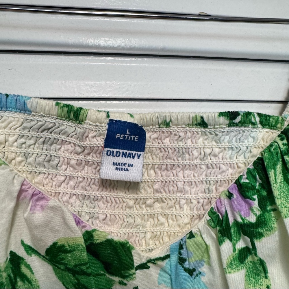 Old Navy Mini Dress Blue Purple Floral Cotton Smocked Puff Babydoll Size LP - Picture 3 of 6